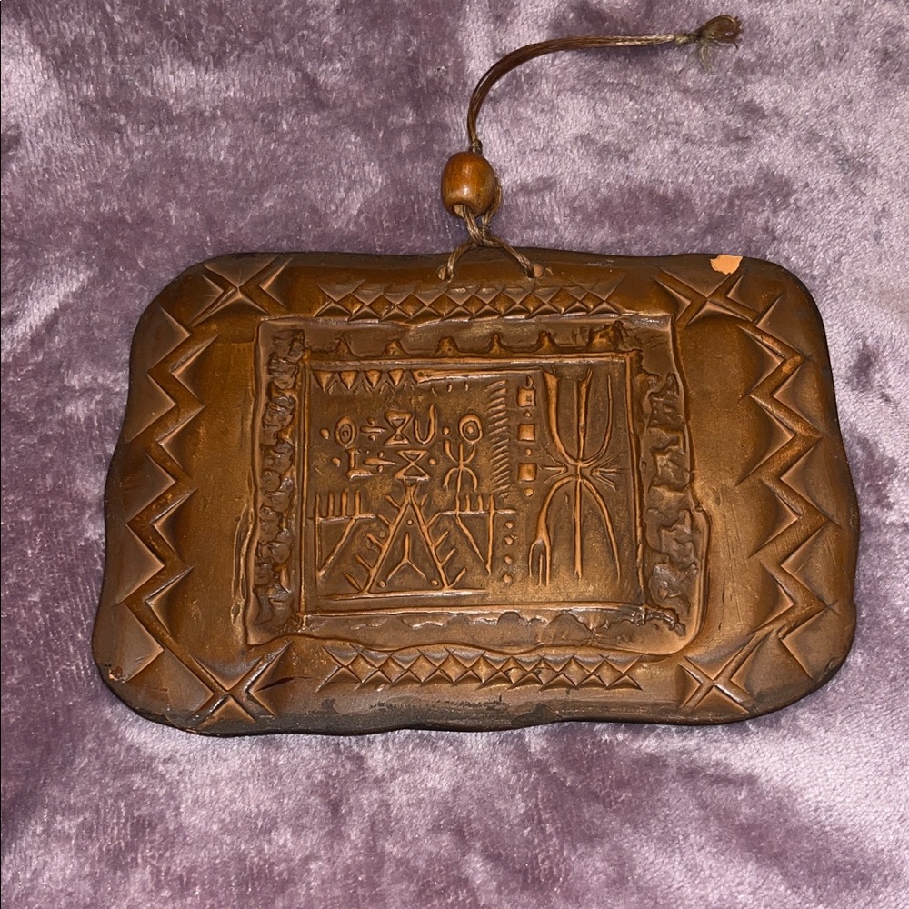 Tribal Indigenous Clay Wall Hanging Plaque with Geometric Tribal Design - Brown